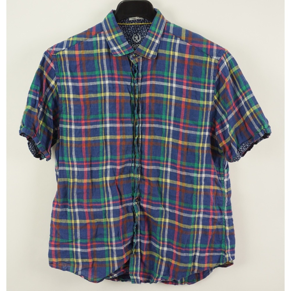Bugatchi Uomo 100% Linen Men's XL Shaped Short Sleeve Blue Plaid Button Up Shirt